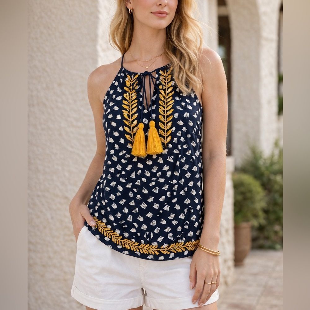 THML Boho Embroidered Tassel Top S Navy Yellow Rayon Sleeveless Blouse
